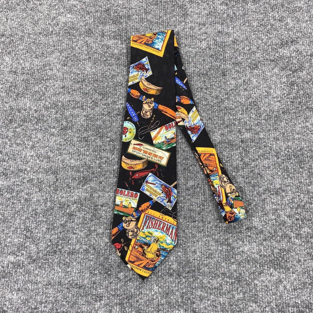 Addiction Tie Mens One Size Black Silk Fishing Geometric Novelty Print Necktie